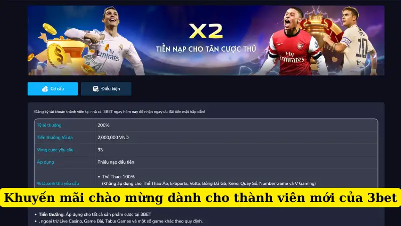 Khuyến mãi chào mừng dành cho thành viên mới của 3bet